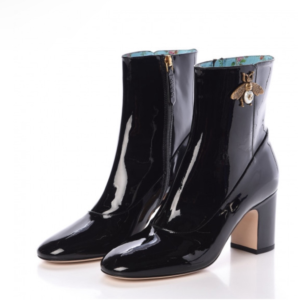 GUCCI
Patent Calfskin GG Lois Bee Ankle Booties 38.5 Black